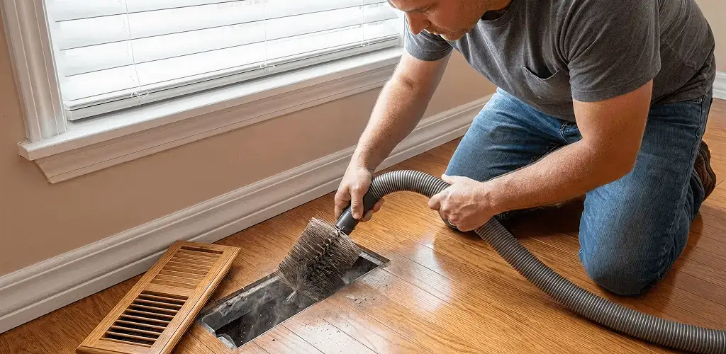 Air duct cleaning technician vacuuming a floor vent and duct opening in Mobile, AL