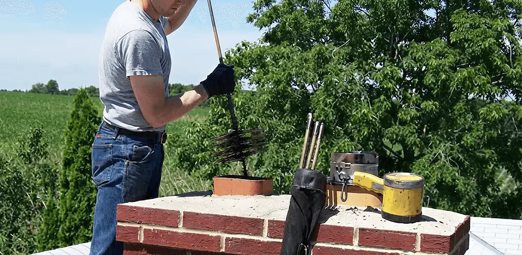 Chimney cleaning technician working on a rooftop chimney with professional tools in Mobile, AL