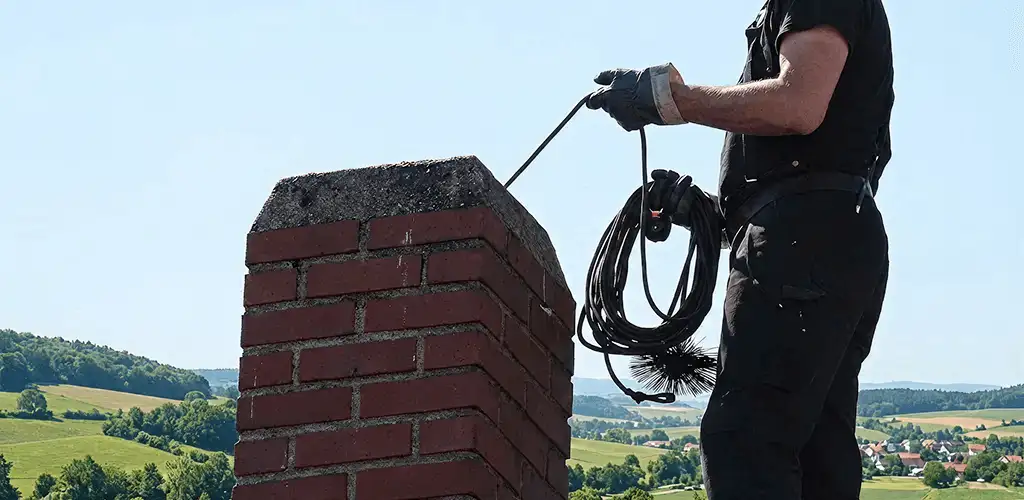 Chimney sweep inspecting and cleaning a rooftop chimney in Mobile, AL