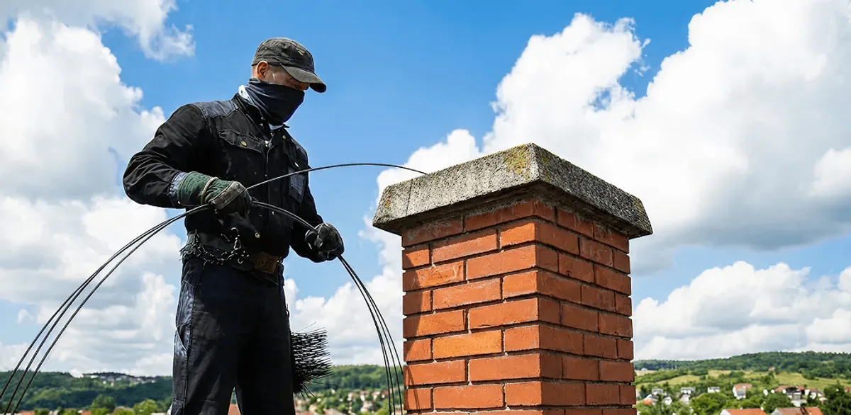 Chimney sweep cleaning a brick chimney with professional tools in Mobile, AL