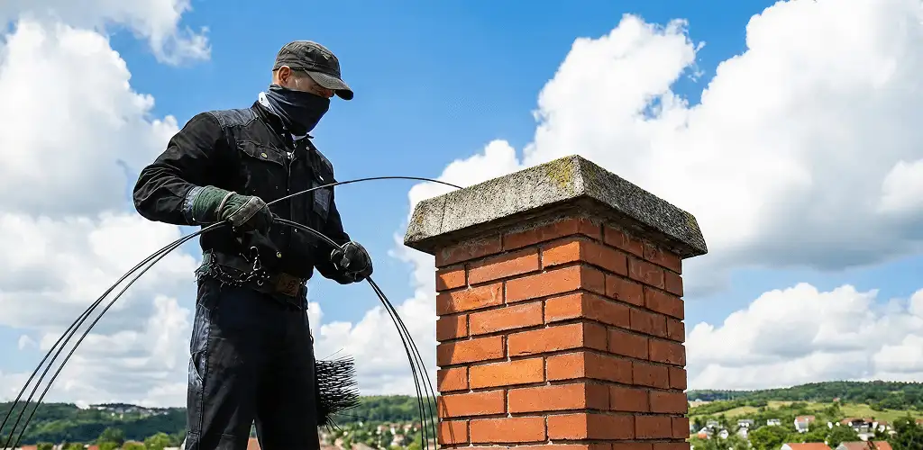 Chimney sweep cleaning a brick chimney with professional tools in Mobile, AL