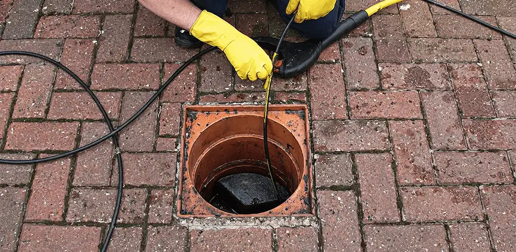 Drain cleaning technician using a drain snake to clear a clogged drain in Mobile, AL