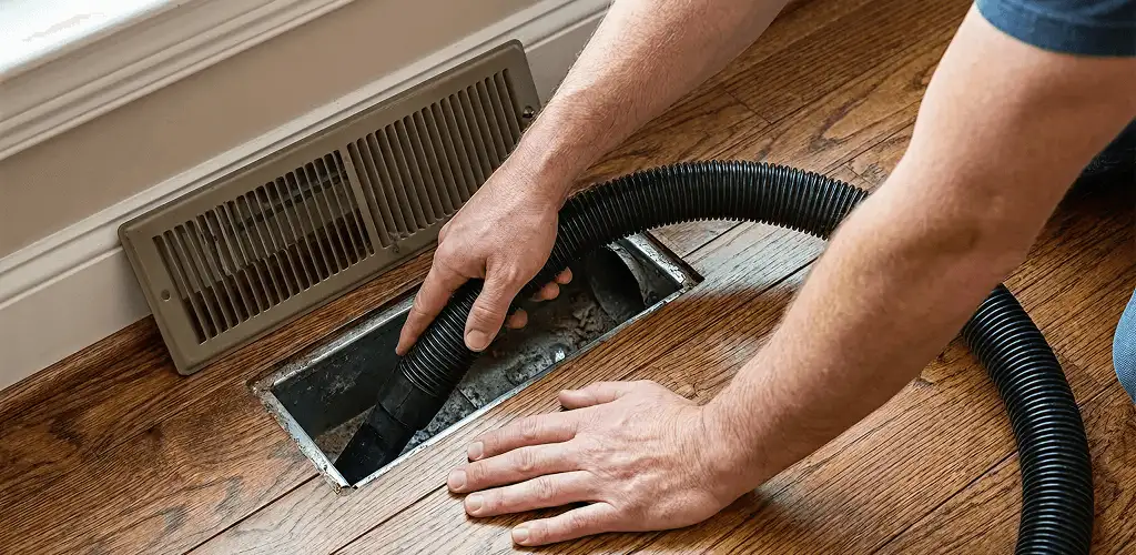 Air duct cleaning technician vacuuming a floor register and duct opening in Mobile, AL