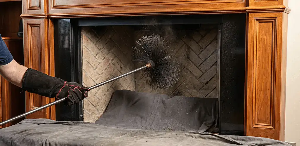 Chimney cleaning service brushing soot from a fireplace and flue in Mobile, AL