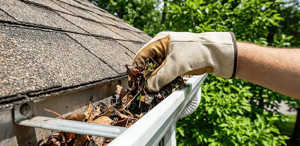 Gutter cleaning removing leaves and debris from roof gutters in Mobile, AL