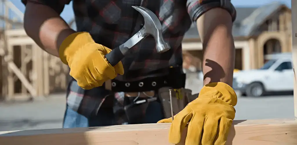 Handyman fixing wood trim with a hammer for home repairs in Mobile, AL