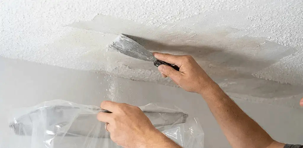 Popcorn ceiling removal technician scraping texture from a ceiling in Mobile, AL