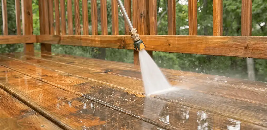 Pressure washing a wood deck to remove dirt and buildup in Mobile, AL