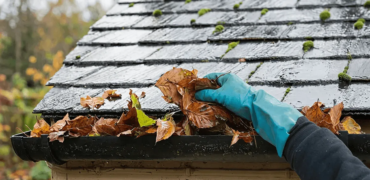 Gutter cleaning technician clearing wet leaves from roof gutters in Mobile, AL