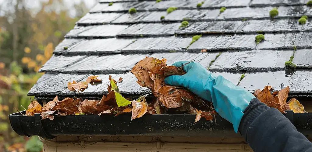 Gutter cleaning technician clearing wet leaves from roof gutters in Mobile, AL