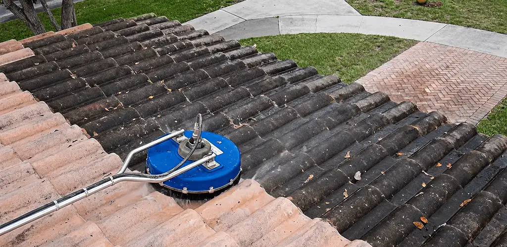 Roof pressure cleaning removing debris and buildup from roof tiles in Mobile, AL