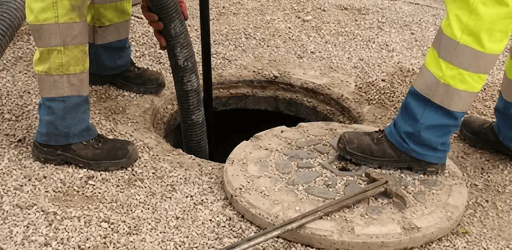 Drain cleaning crew clearing a sewer access point with professional equipment in Mobile, AL