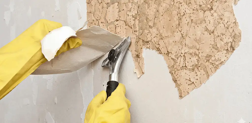 Wallpaper removal service stripping old wallpaper from a wall in Mobile, AL