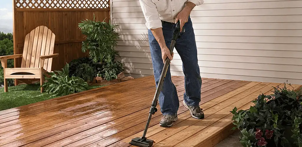 Deck staining service applying stain to a backyard wood deck in Mobile, AL